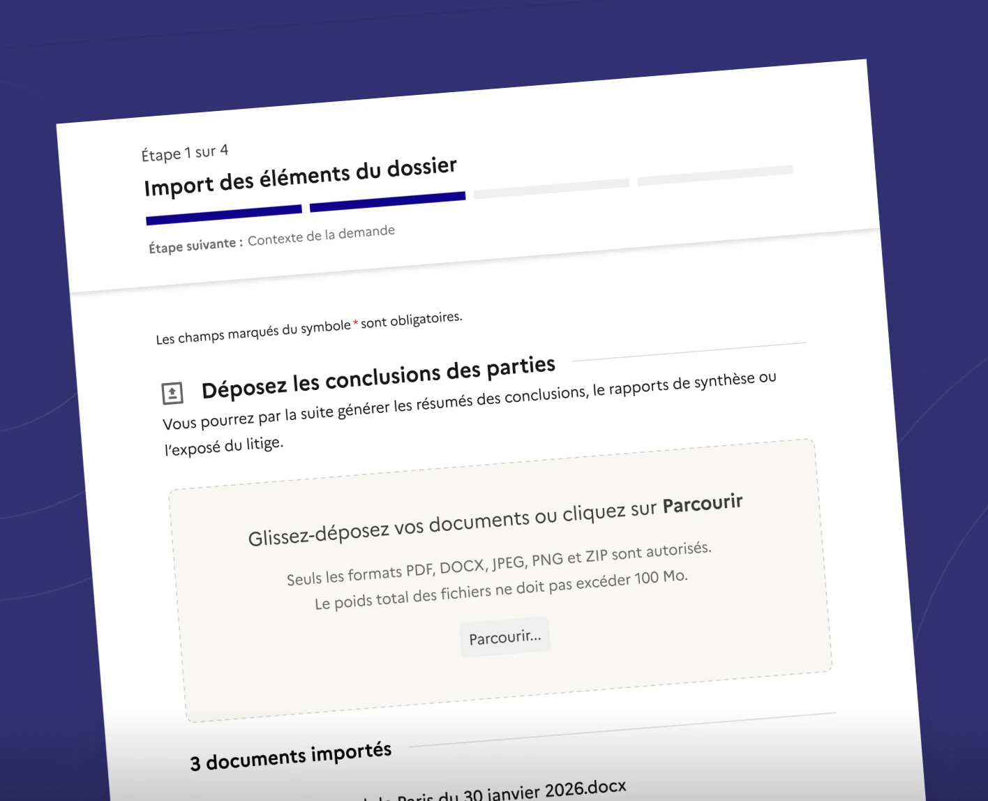 Écran d’import des éléments du dossier dans Mon Assistant Civil